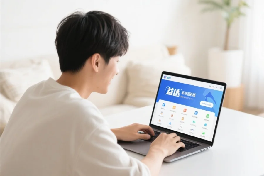 一位年轻用户在明亮舒适的室内环境中愉快地使用笔记本电脑,屏幕上展示恒盛客户端新版界面